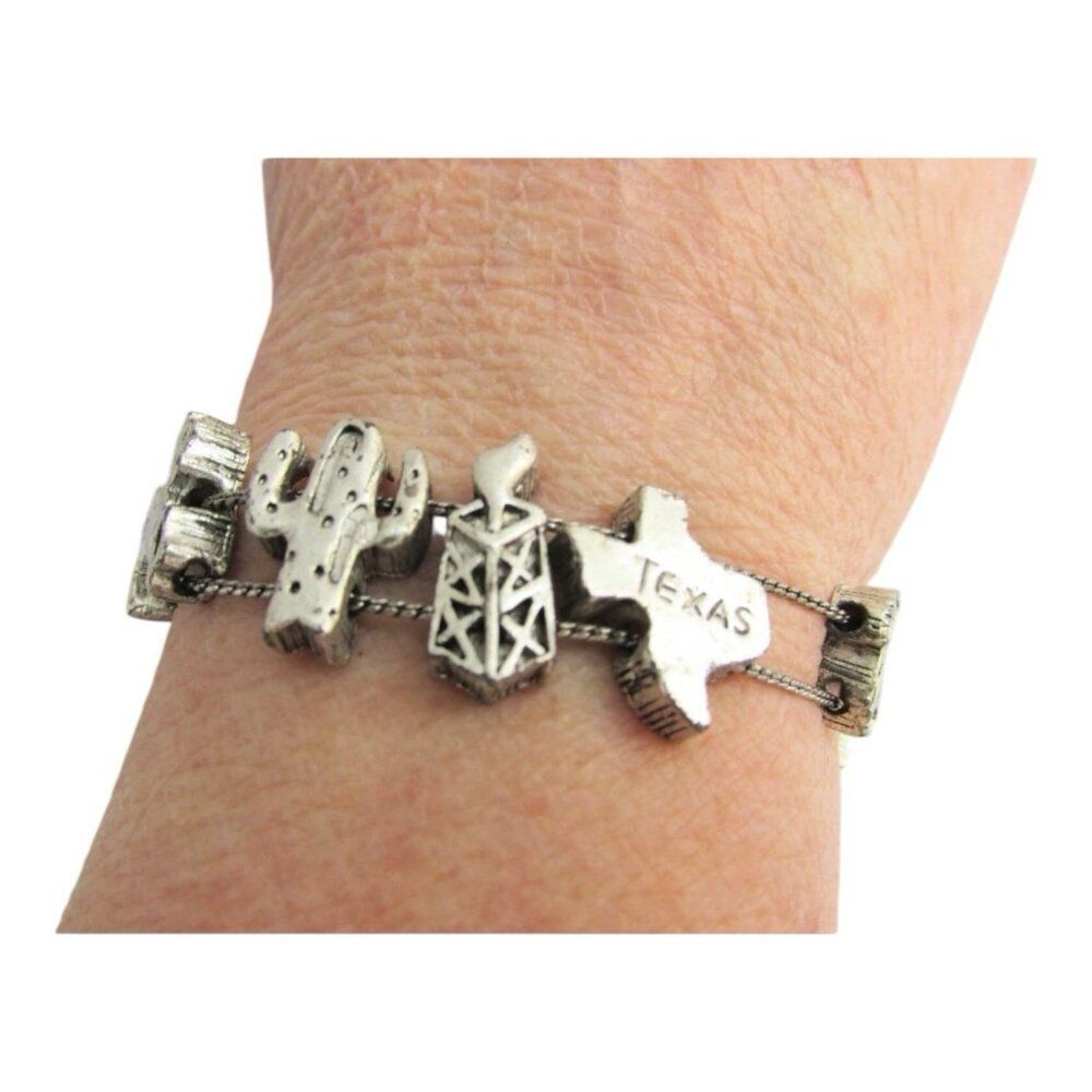 Silver Tone State of Texas Slider Charm Bracelet Cactus Oil Well Horse 1995 BG